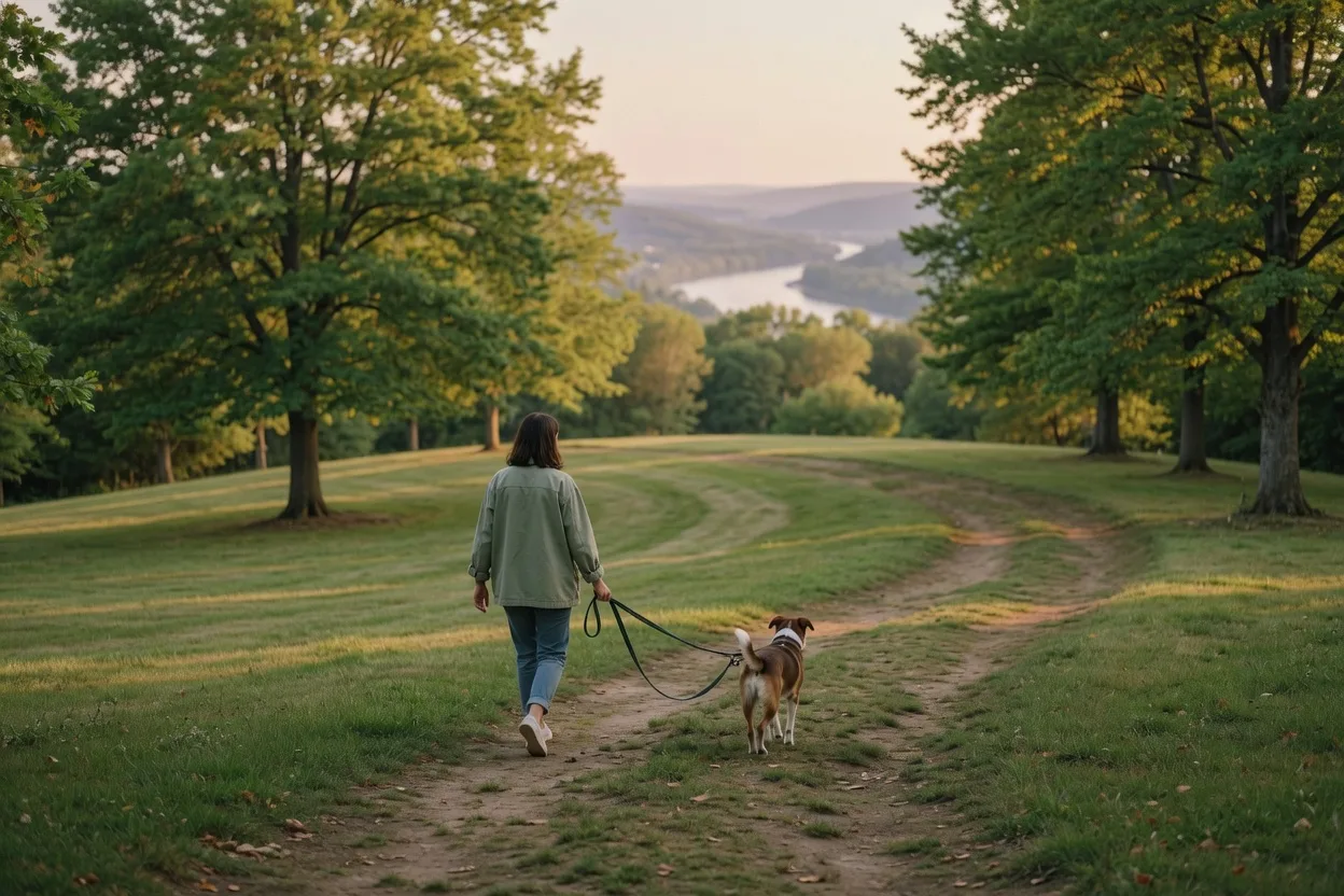 A person walking a leashed dog with a relaxed, slack leash along a tree-lined path through a green hilltop park, with a valley view in the distance.