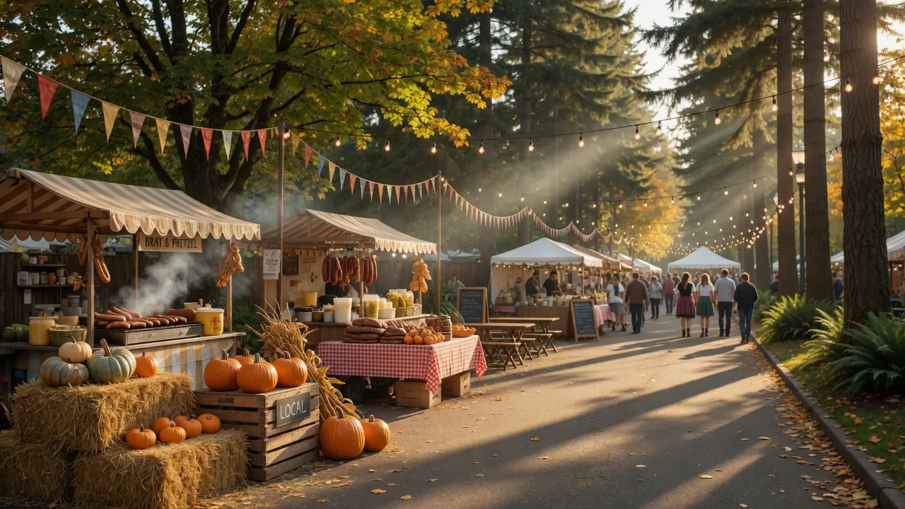 Festive Oktoberfest-style street festival with warm string lights, food carts, and pumpkin stalls beneath tall Douglas firs
