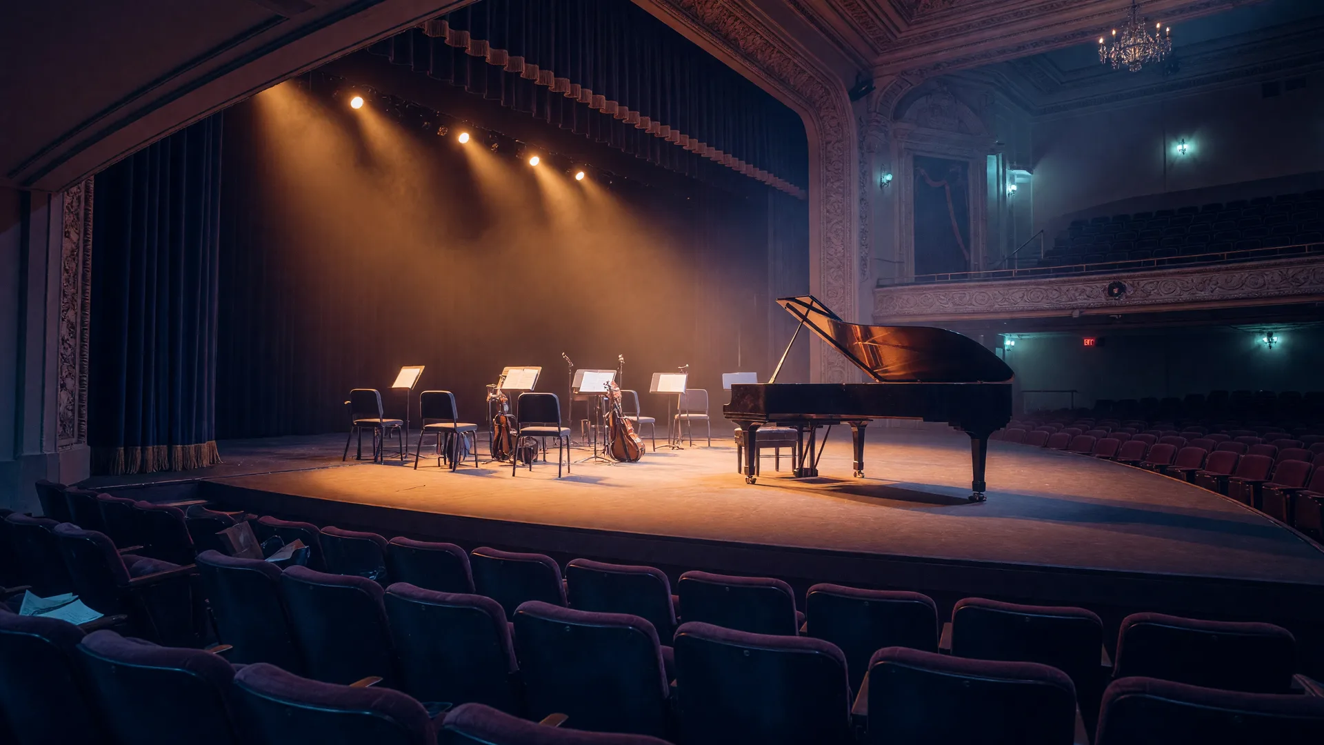An elegant concert hall stage in Pasadena with warm amber lights and a grand piano