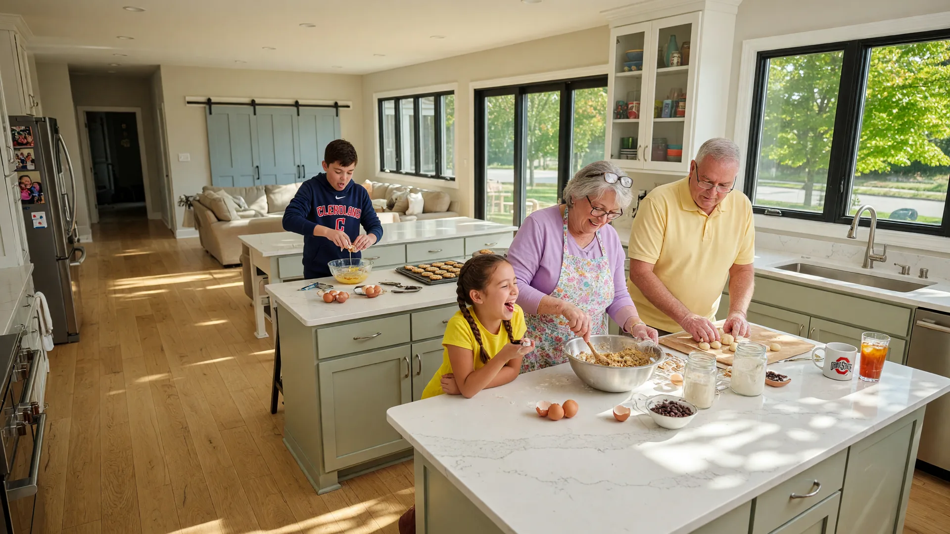 Multi-generational family cooking together in a spacious kitchen