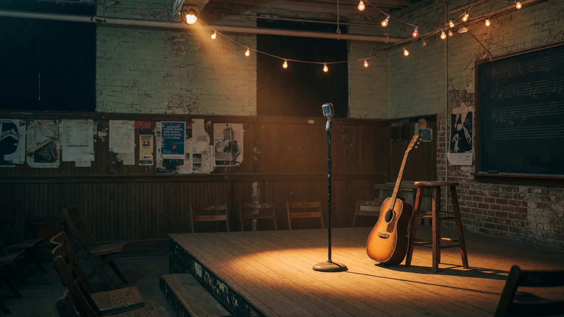 A moody small-room stage with a vintage microphone and acoustic guitar under warm string lights in a Pasadena area listening room