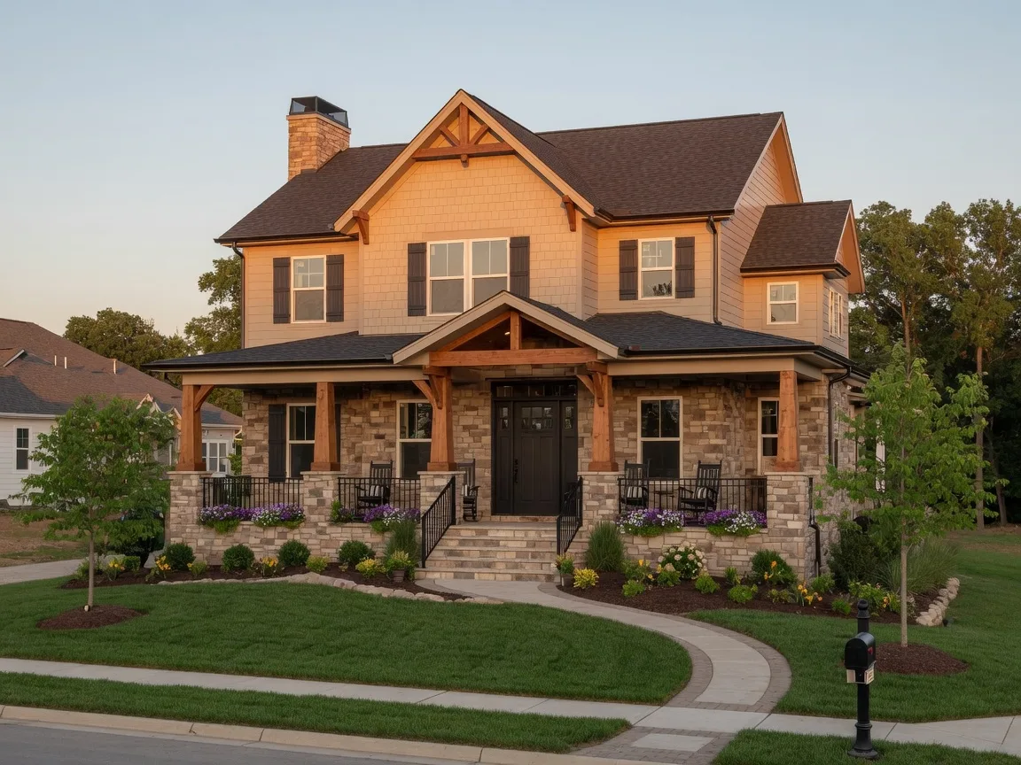 A beautiful new construction home in Lee's Summit, Missouri with modern craftsman architecture, covered front porch, and manicured landscaping