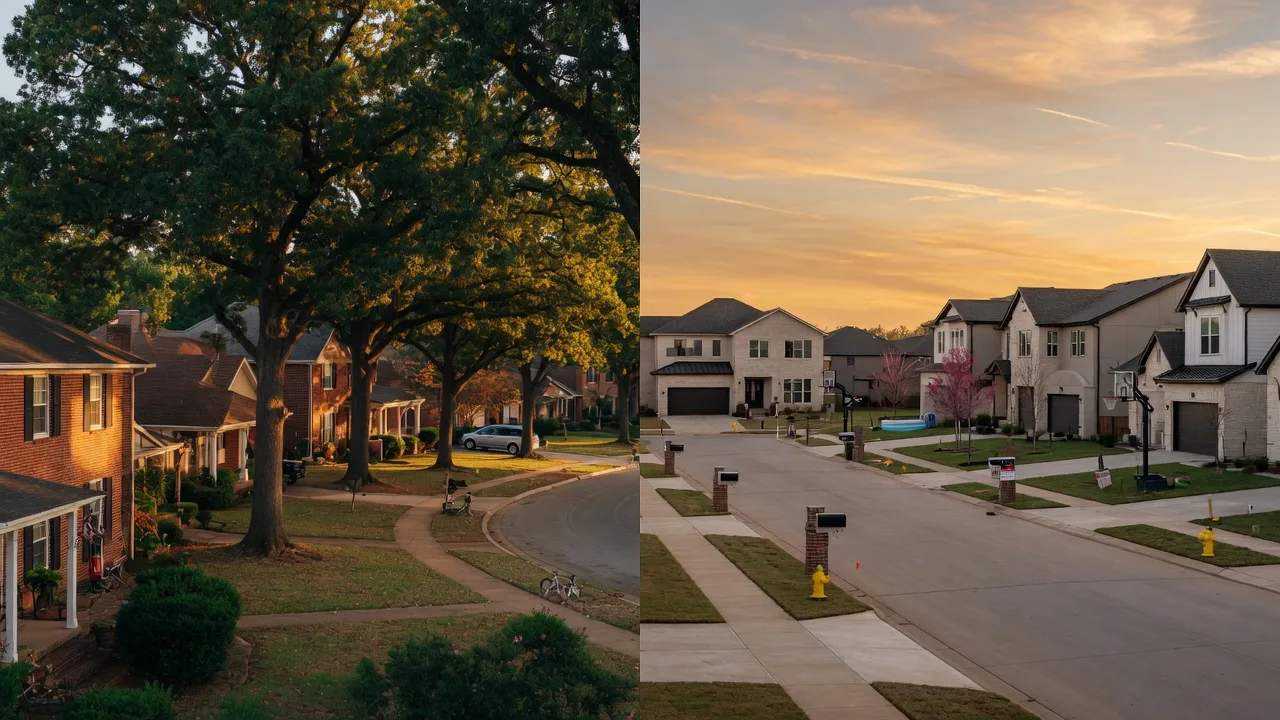 Split scene showing established Broken Arrow neighborhoods and newer Bixby homes at golden hour