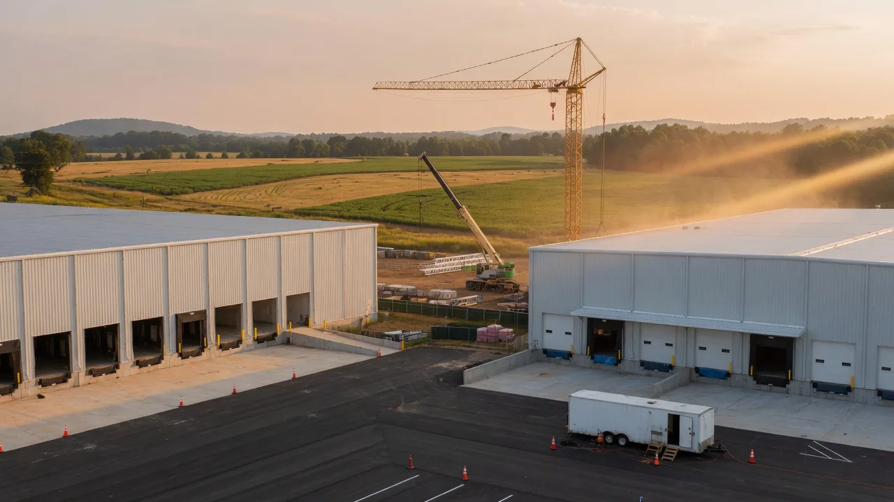 Two Class A industrial warehouse buildings under construction beside green North Georgia farmland in Winder, Barrow County, in late-afternoon light