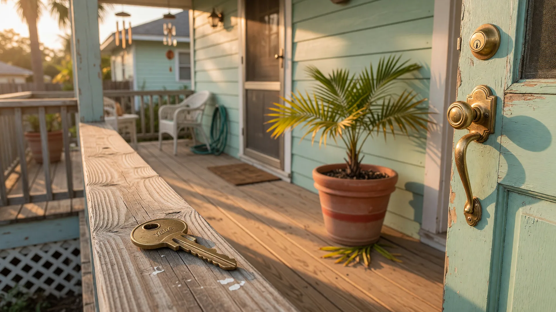 A brass house key on the sunlit front porch railing of a coastal Texas home