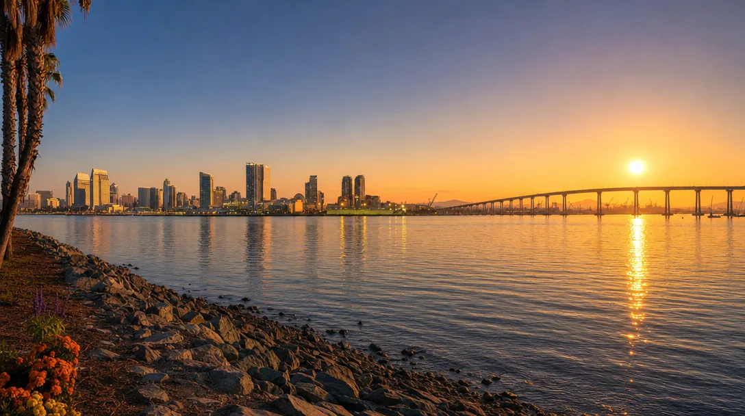 Wide view of the San Diego skyline with the Coronado Bridge