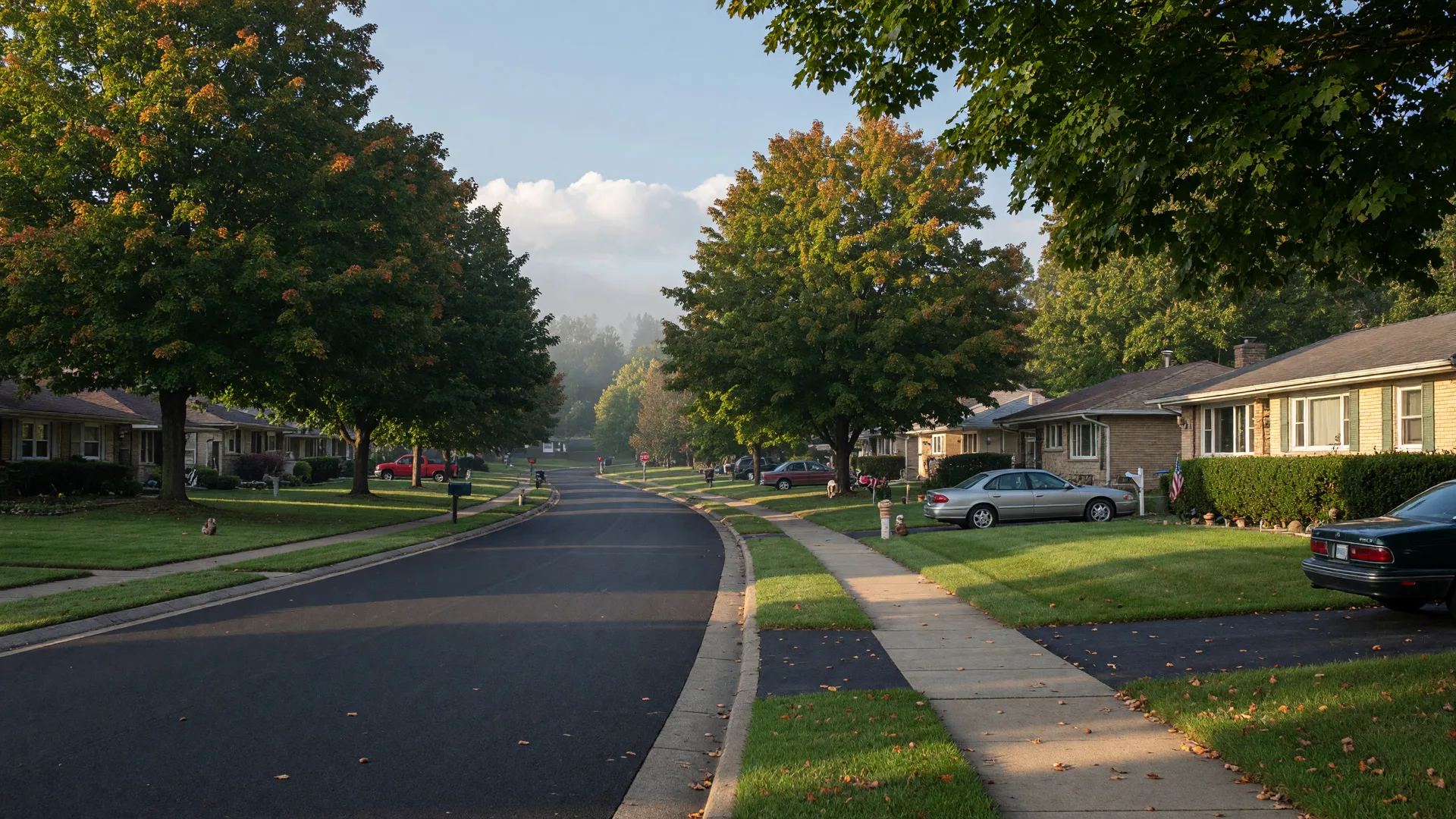 A classic residential street in Kettering, Ohio with mid-century ranch and split-level homes under a mature maple canopy on a crisp late-September morning