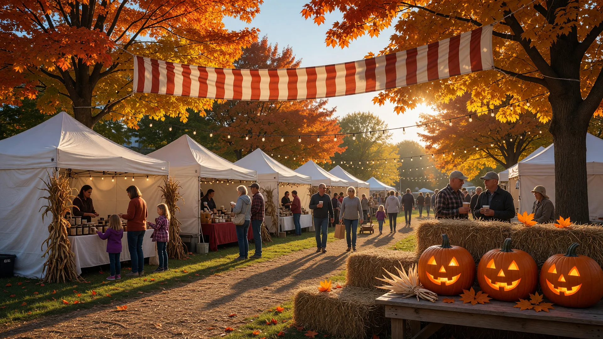 Early-October fall festival in a Northwest Indiana town park with white vendor tents, a red and white striped banner, hay bales, carved pumpkins on wooden tables, and string lights under golden autumn maples