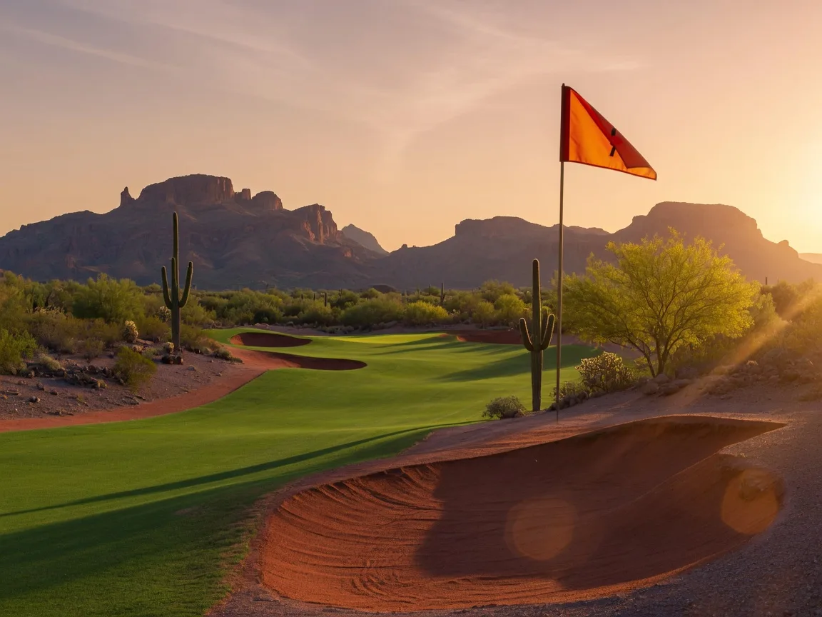A desert golf course near Mesa, Arizona with saguaros and the Superstition Mountains at golden hour