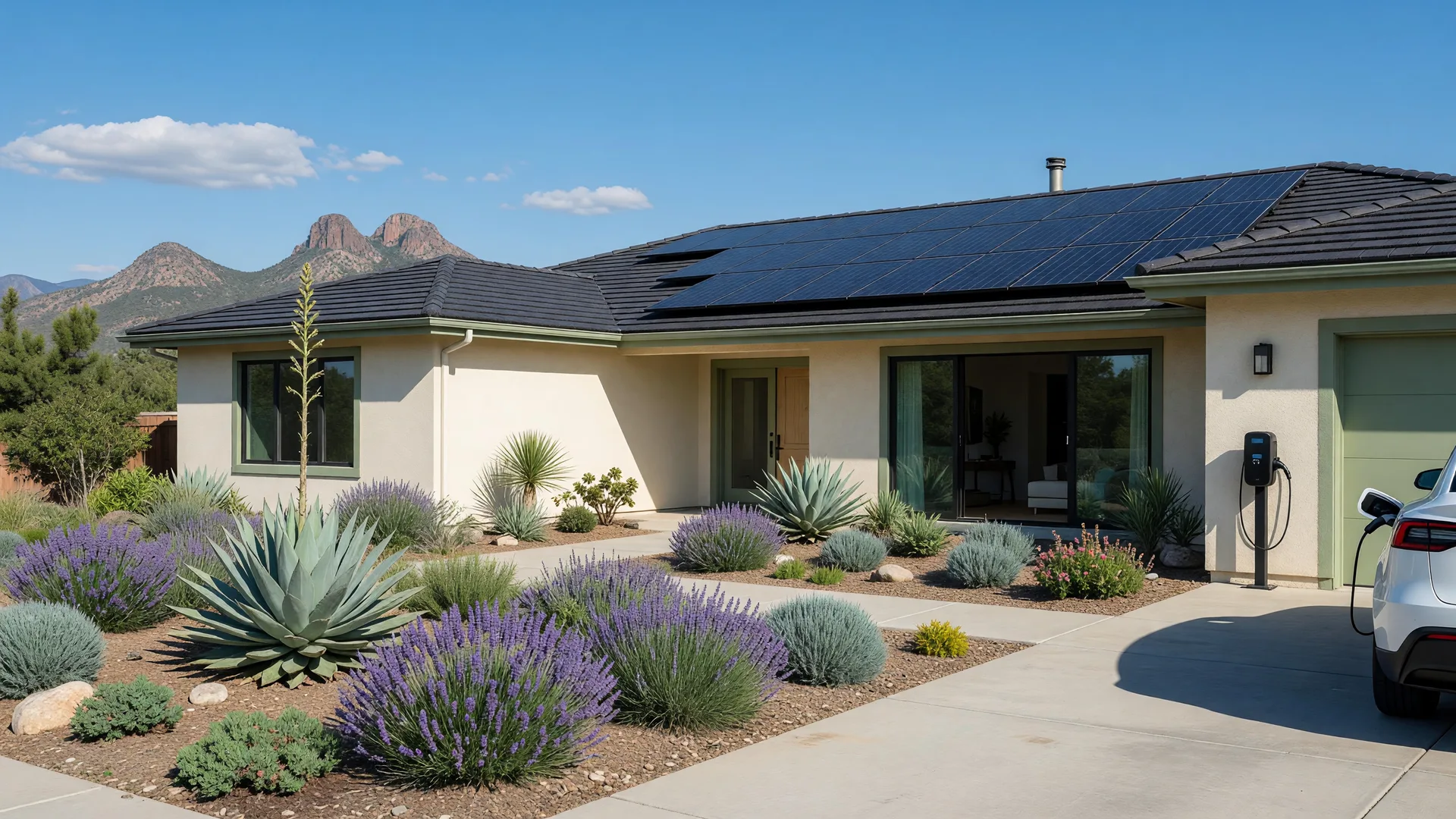 Modern California home with solar panels on the roof, drought-tolerant landscaping with agave and lavender, and an EV charging station in the driveway