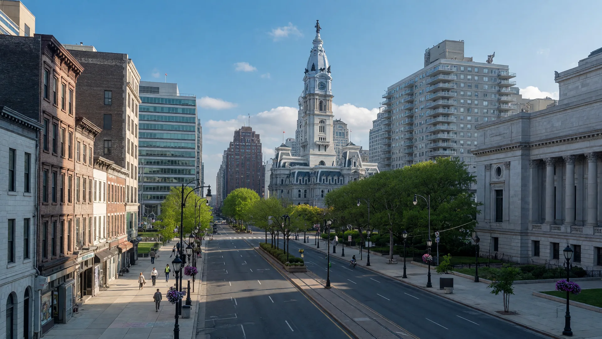 Center City Philadelphia skyline with historic and modern architecture