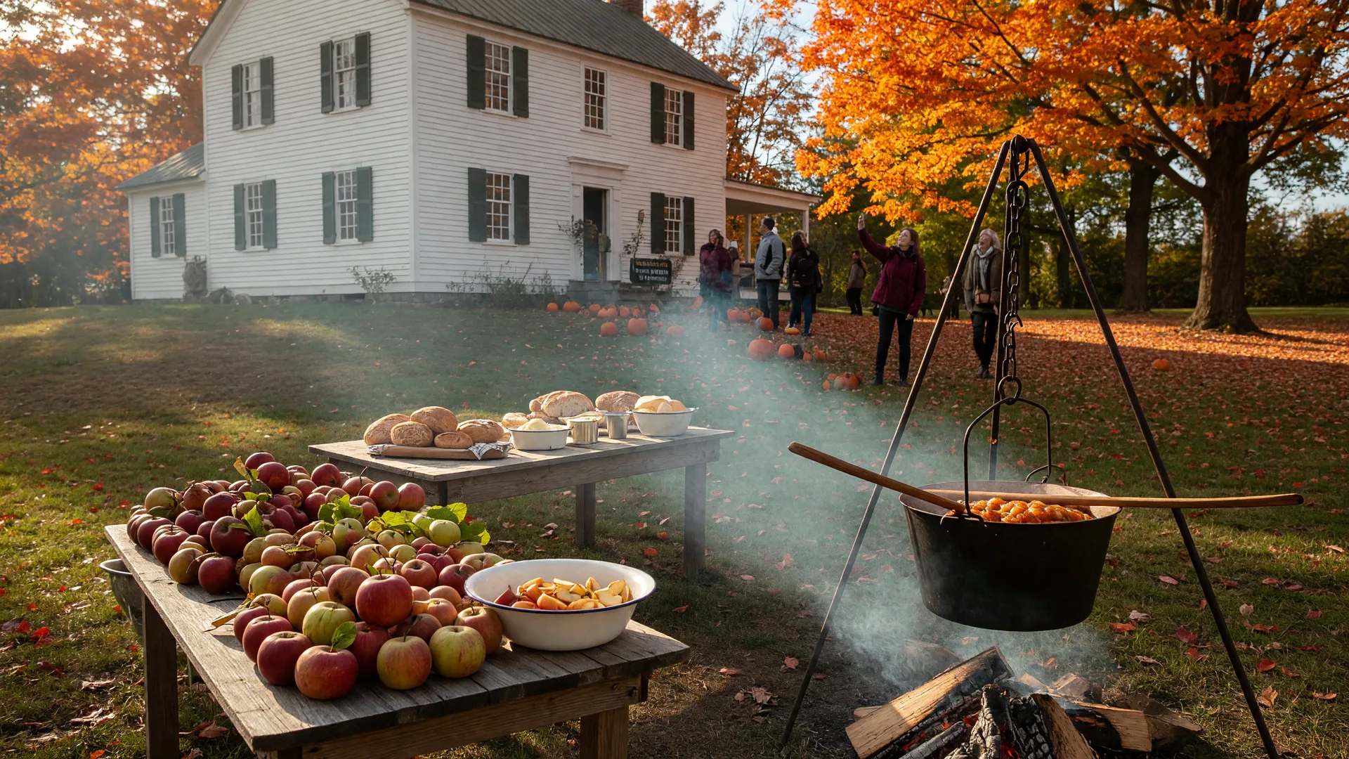 Historic white farmhouse museum with a copper kettle of apple butter simmering over an open fire, apple crates and fresh bread on wooden tables under autumn trees