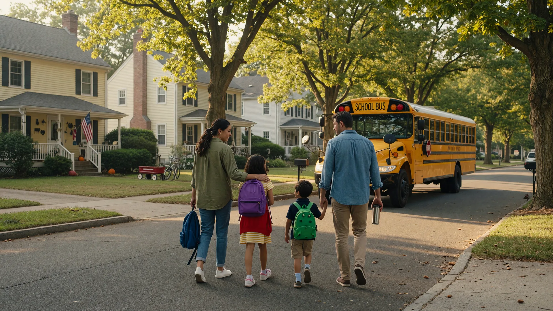 Family walking toward a yellow school bus on a sunny late-summer morning in a suburban New Jersey neighborhood