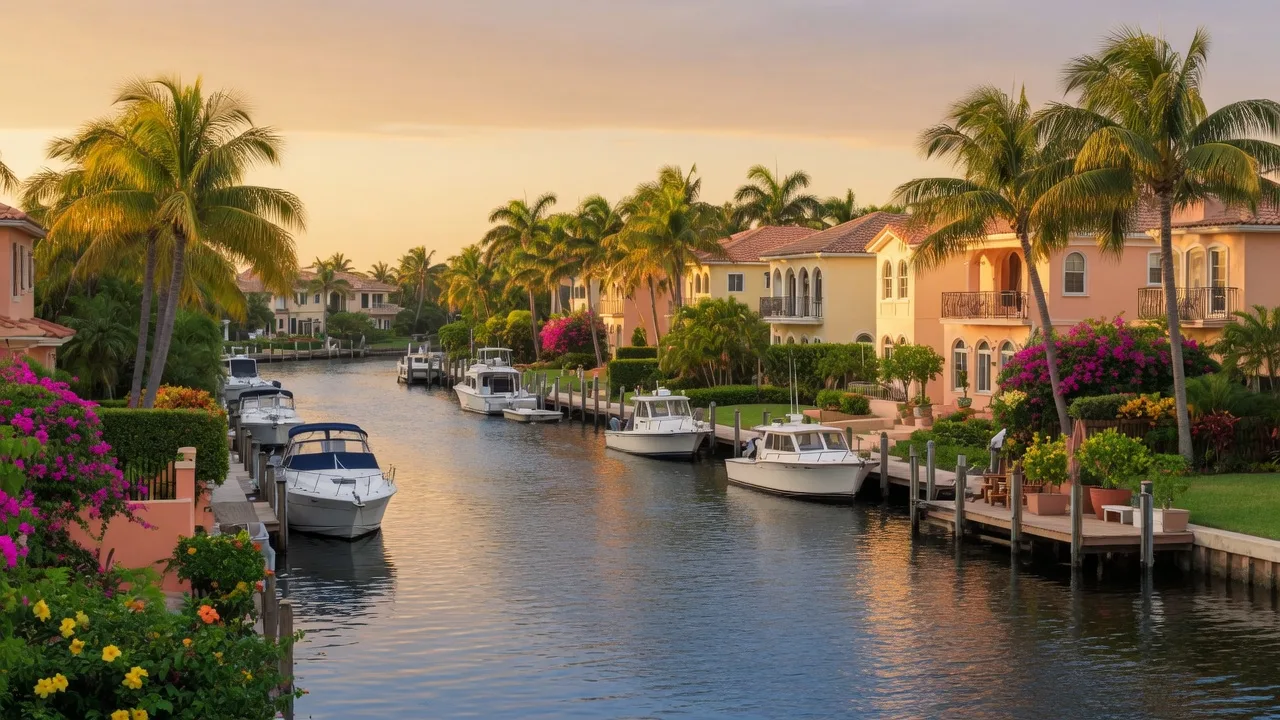 Quiet Intracoastal Waterway canal in Tropic Isle, Delray Beach with Mediterranean-style waterfront homes and private docks