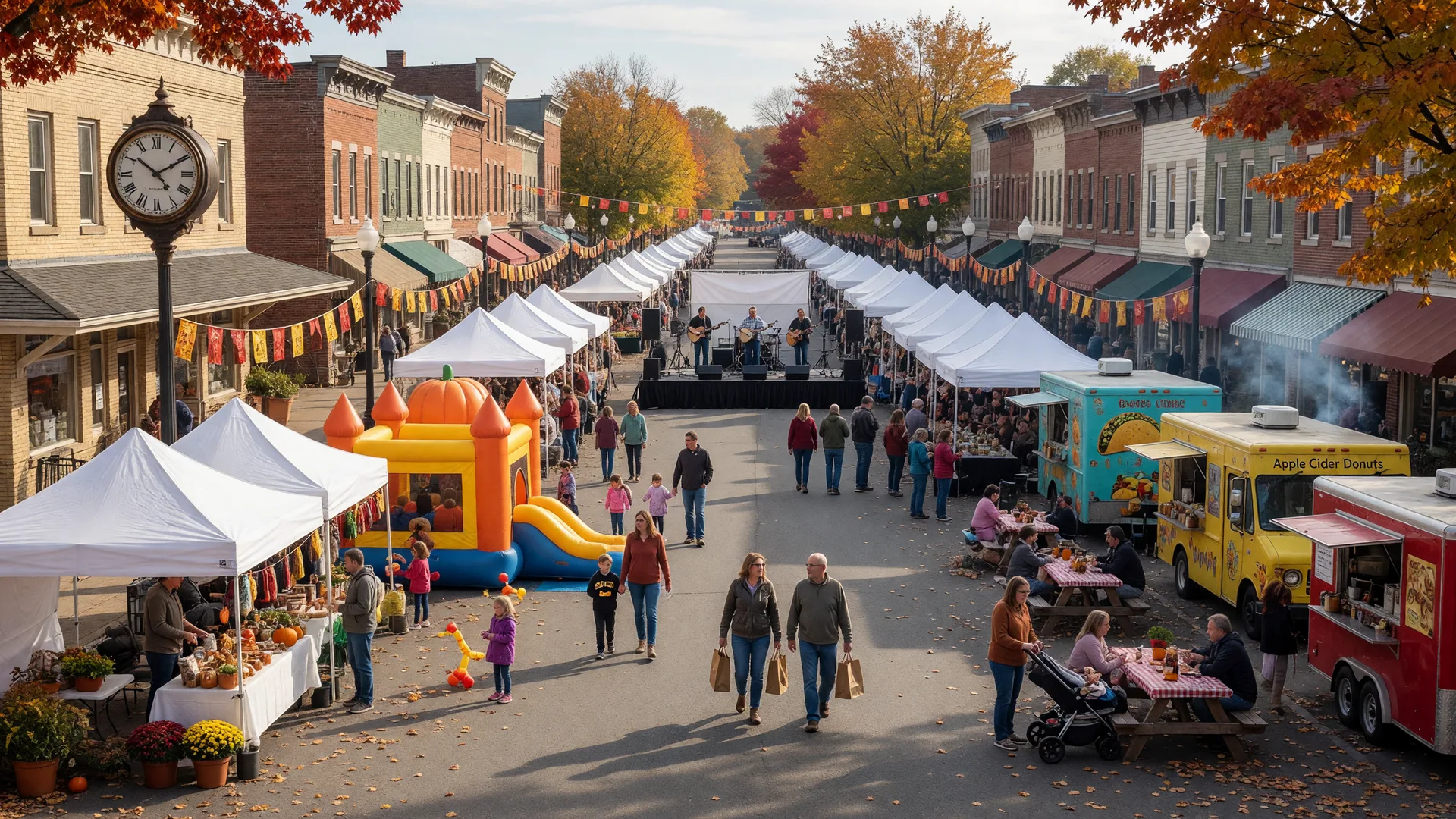 Small Delaware County main street fall festival with vendor tents, a food truck court, kids' inflatables and a live music stage