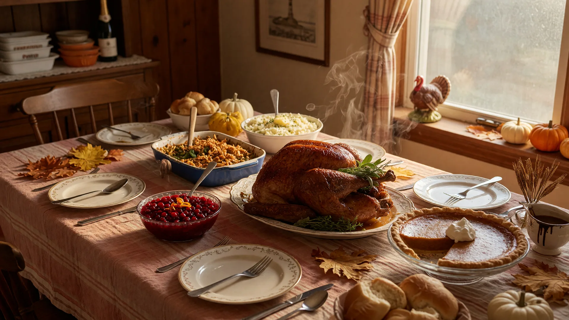 A Thanksgiving dinner table in a cozy home with a roasted turkey centerpiece, sides, and autumn decor