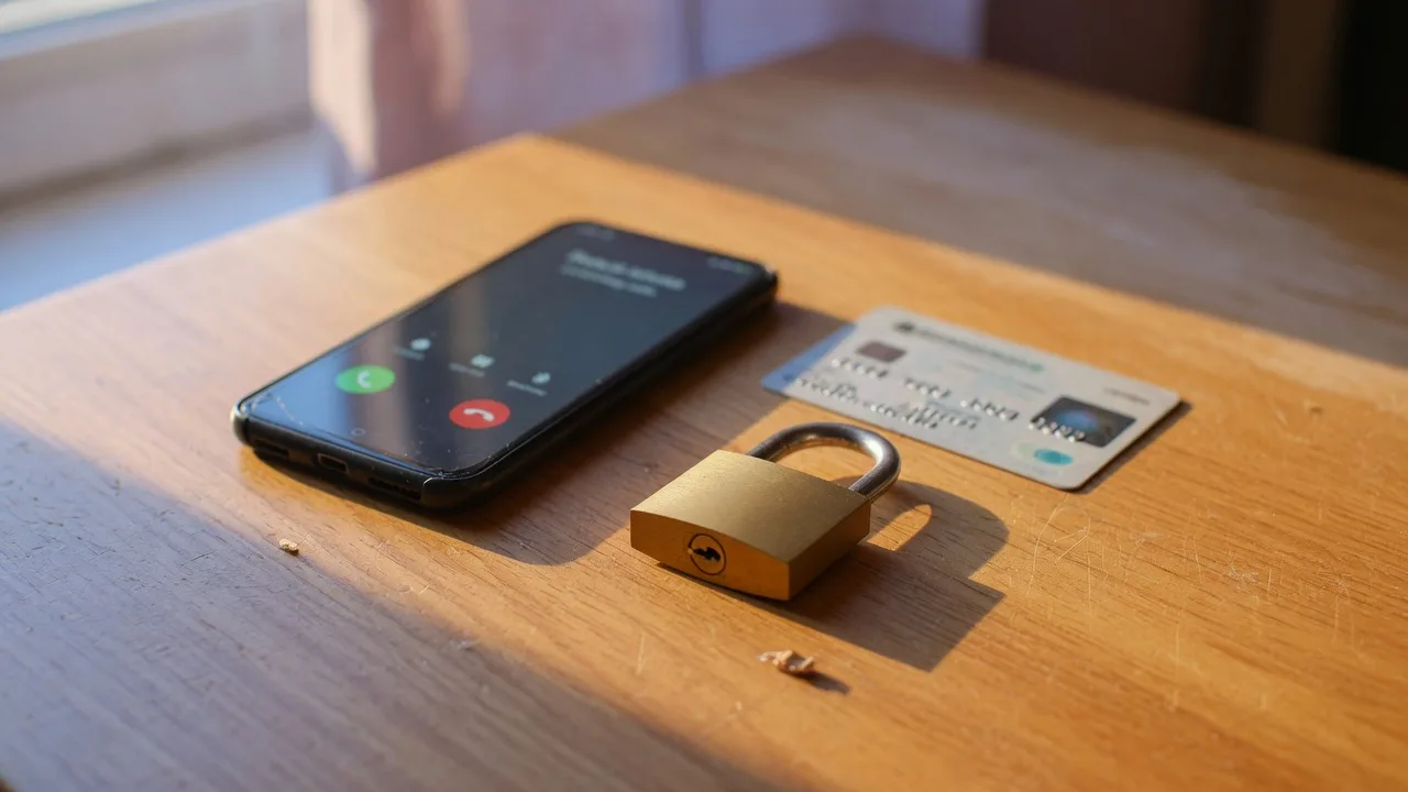 A smartphone with a blurred incoming call screen beside a small brass padlock and a bank card, representing protection against account takeover scams