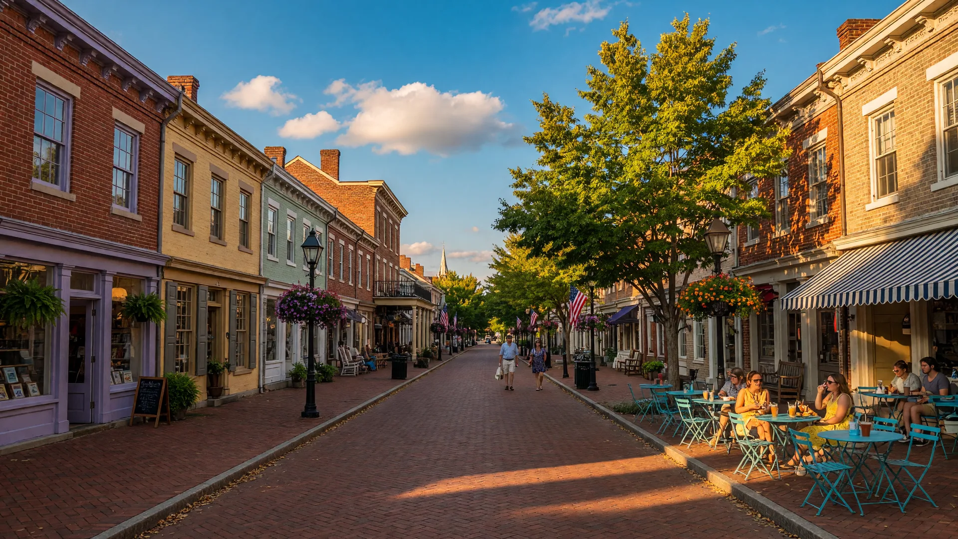 Downtown Fredericksburg VA historic street with shops and outdoor dining on a late summer afternoon