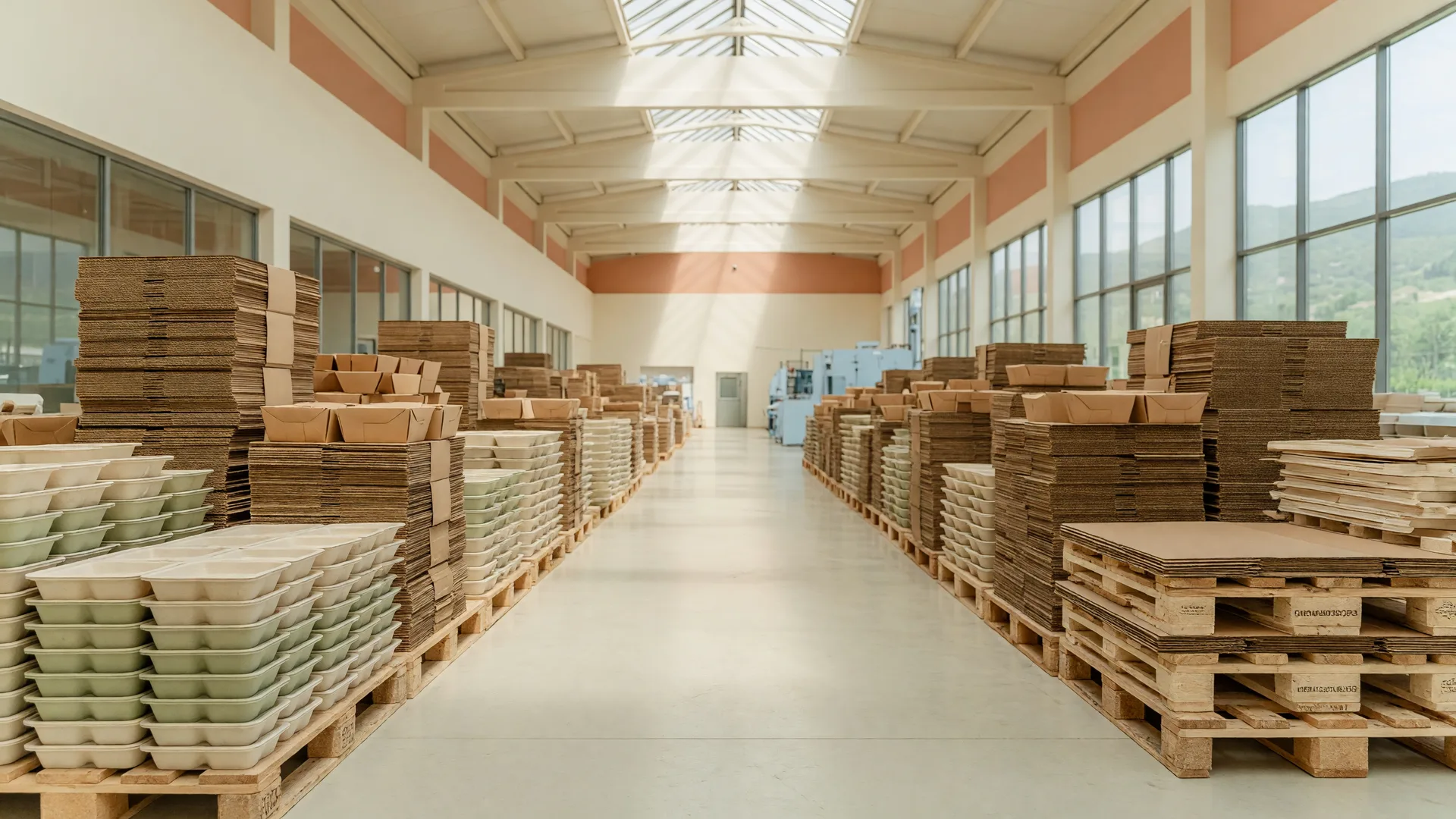 Bright modern food packaging facility interior with molded fiber trays stacked on pallets under skylights