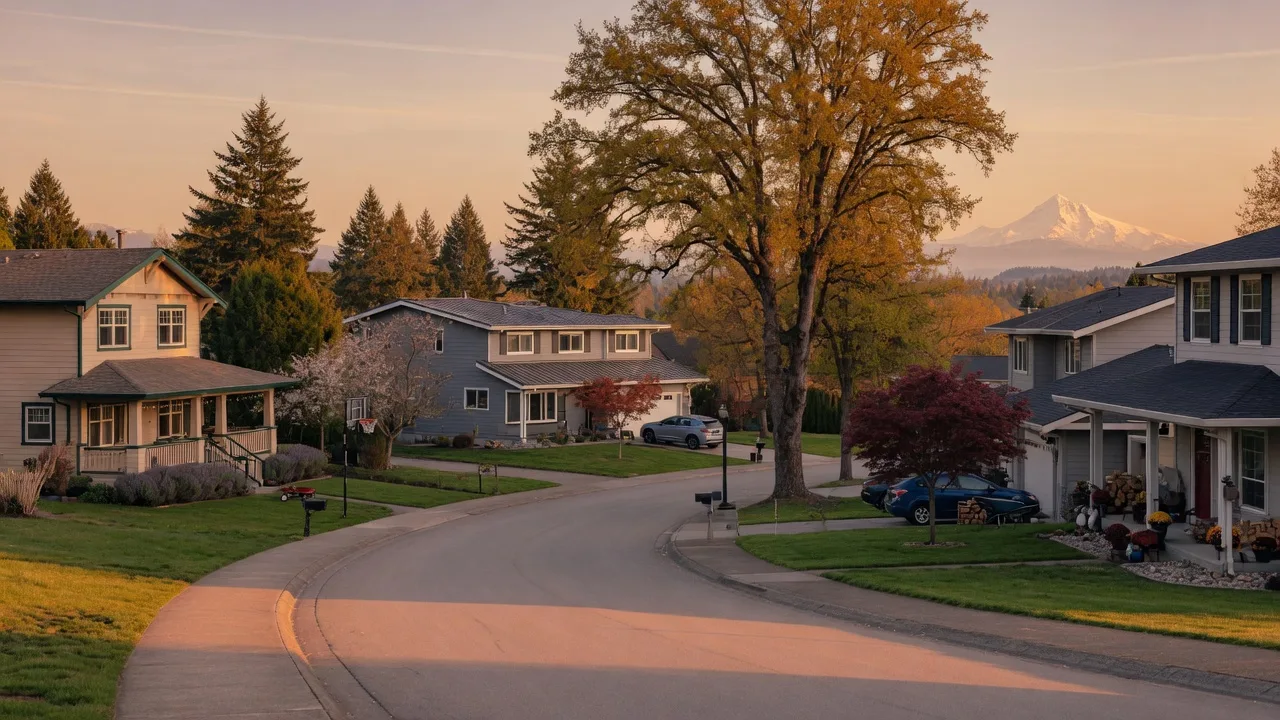 Quiet suburban street in the Happy Valley hills at golden hour with Craftsman and modern homes and Mount Hood on the horizon