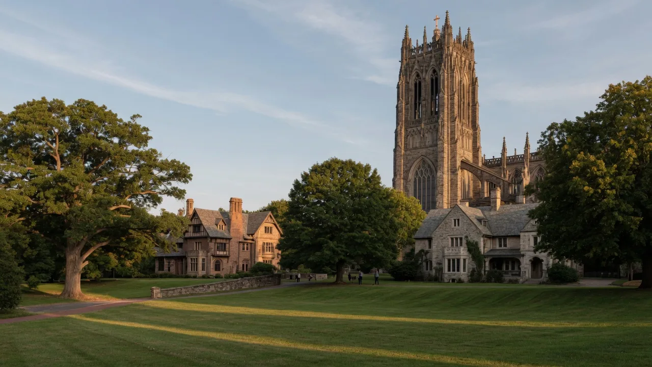 Gothic stone cathedral and park-like estate grounds in Bryn Athyn, Pennsylvania on a sunny afternoon
