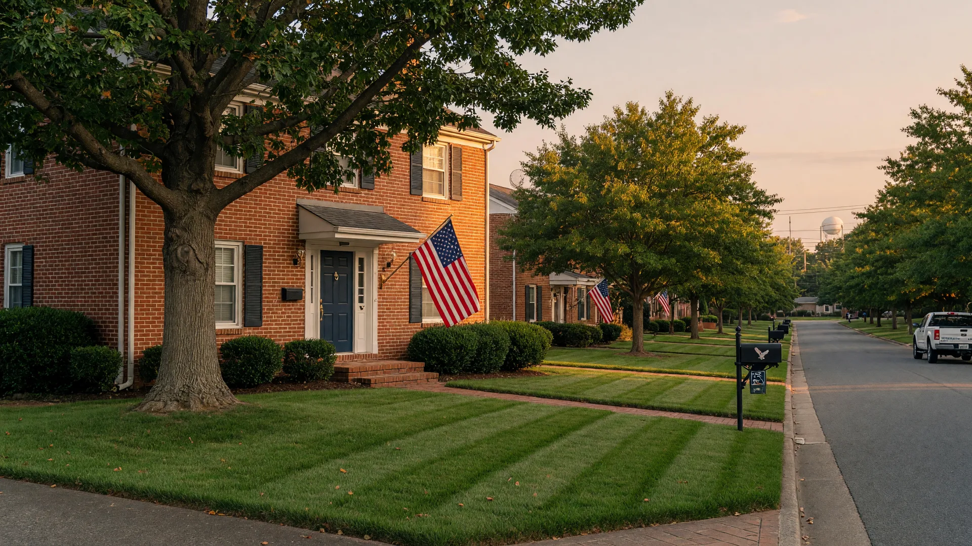 Brick-front military family home in Hampton Roads with an American flag beside the front door on a quiet tree-lined street