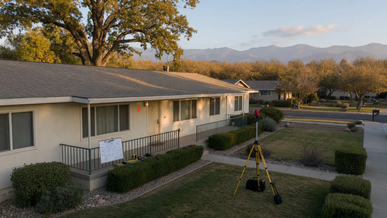A cream stucco ranch home in Merced County on a clear late-October morning, an appraiser's tripod laser measuring device on the front lawn with a clipboard on the porch railing, almond orchards down the street, and the hazy Sierra Nevada foothills on the horizon
