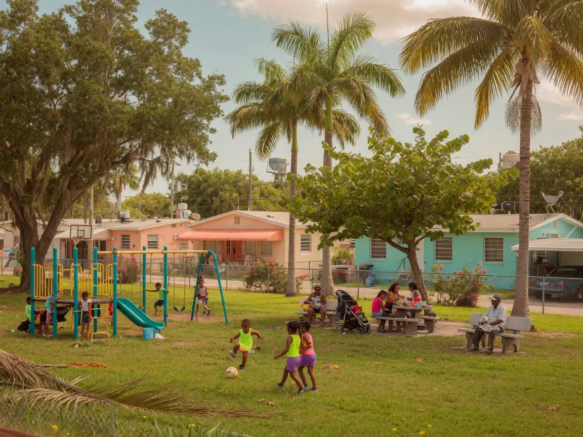 Community park and playground in affordable South Florida neighborhood near Delray Beach with families enjoying the outdoors