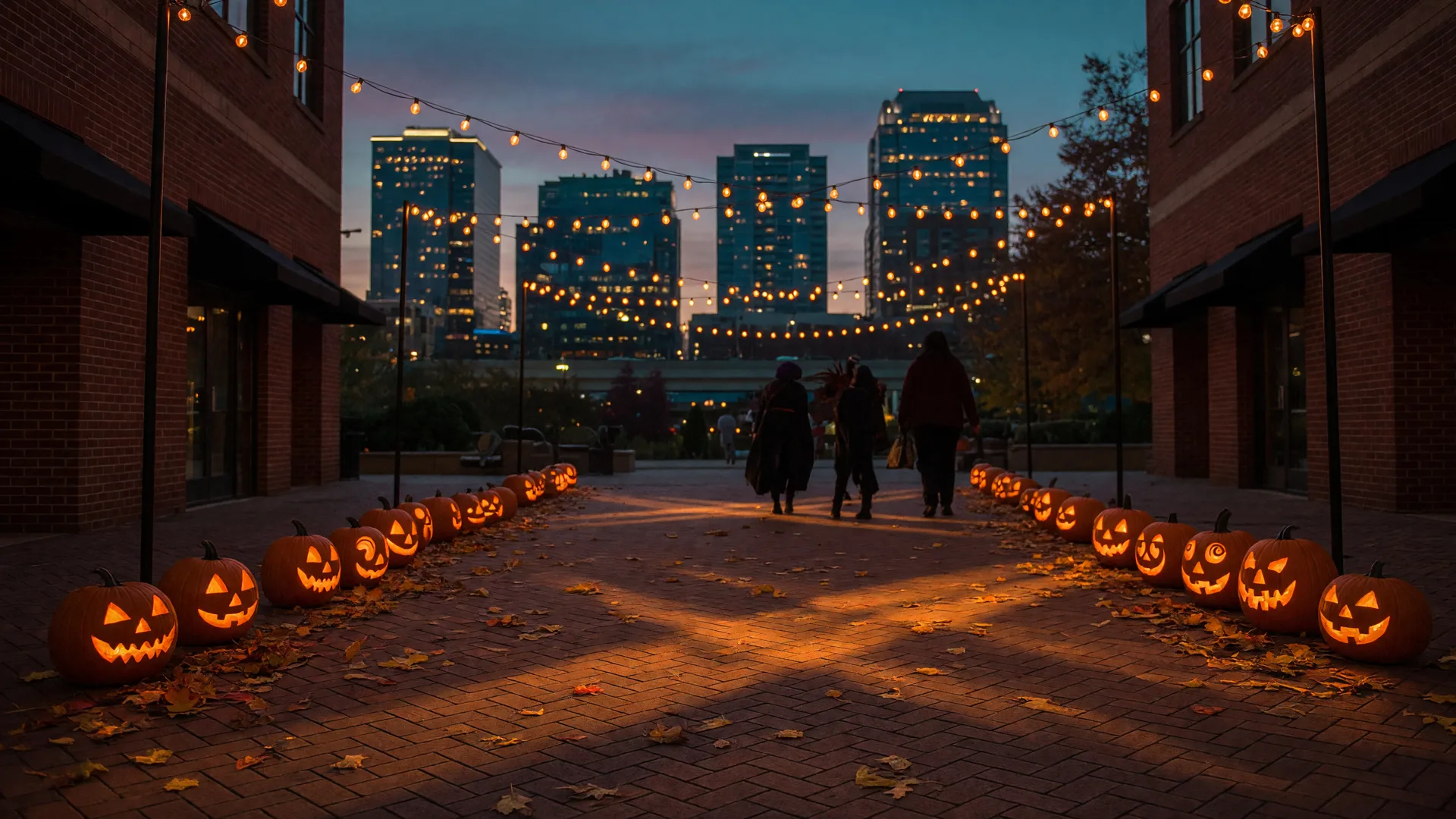 Festive autumn evening scene in Uptown Charlotte at dusk with glowing string lights, jack-o'-lanterns, scattered fall leaves, and the low city skyline in the distance