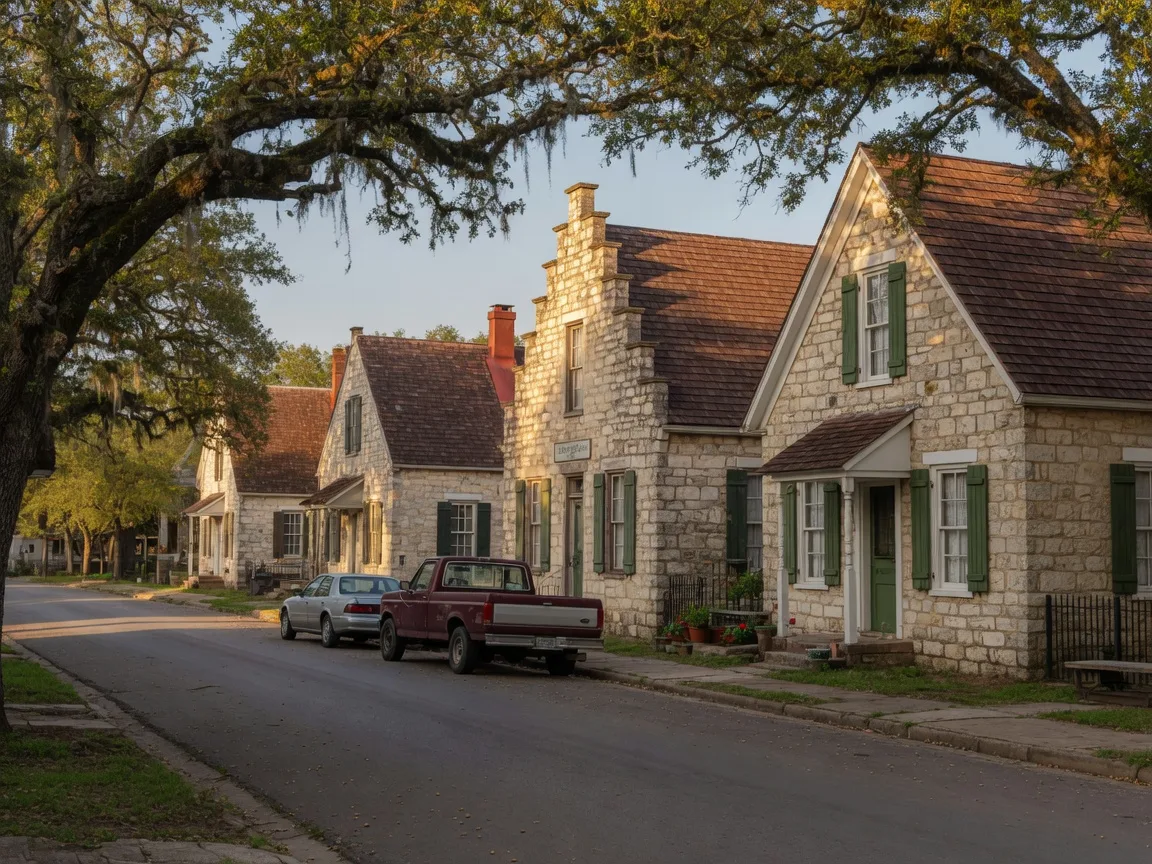 Colonial Alsatian limestone houses on a quiet tree-lined street in Castroville
