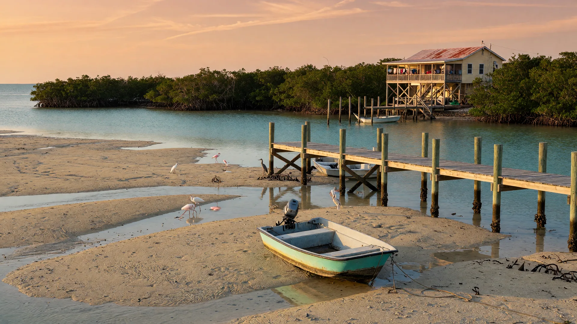 The Florida Keys backcountry at low tide in golden-hour light, exposed sandy flats and a mangrove shoreline with a weathered wooden dock standing over shallow turquoise water, a small flats skiff resting on the sandbar, a distant elevated metal-roofed Keys home among the mangroves, wading birds in the shallows