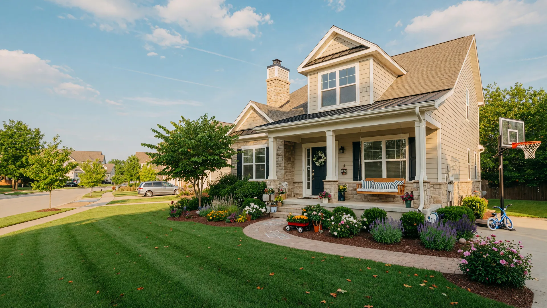 Beautiful new construction home with a welcoming front porch and manicured lawn in a Kansas City East Metro neighborhood