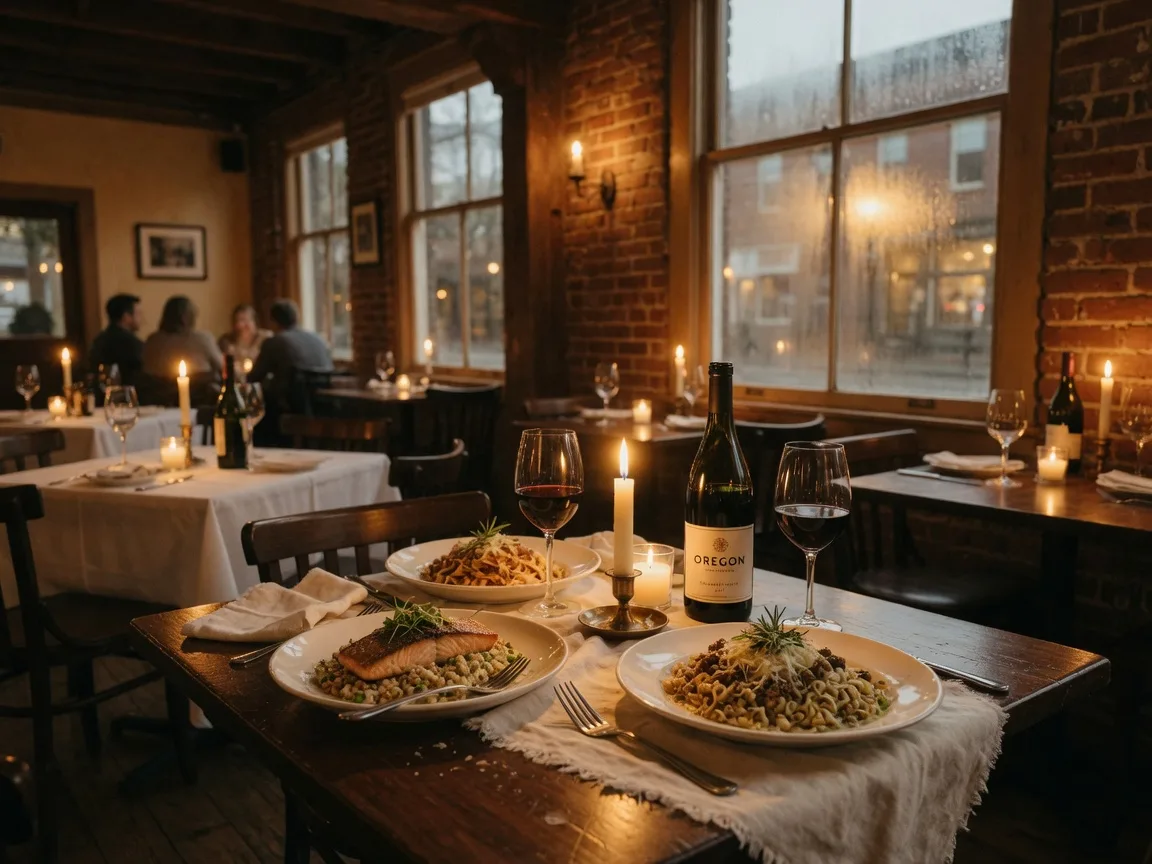A candlelit restaurant table in a historic Oregon City bistro with Pacific Northwest and Italian-influenced dishes and a bottle of Oregon wine