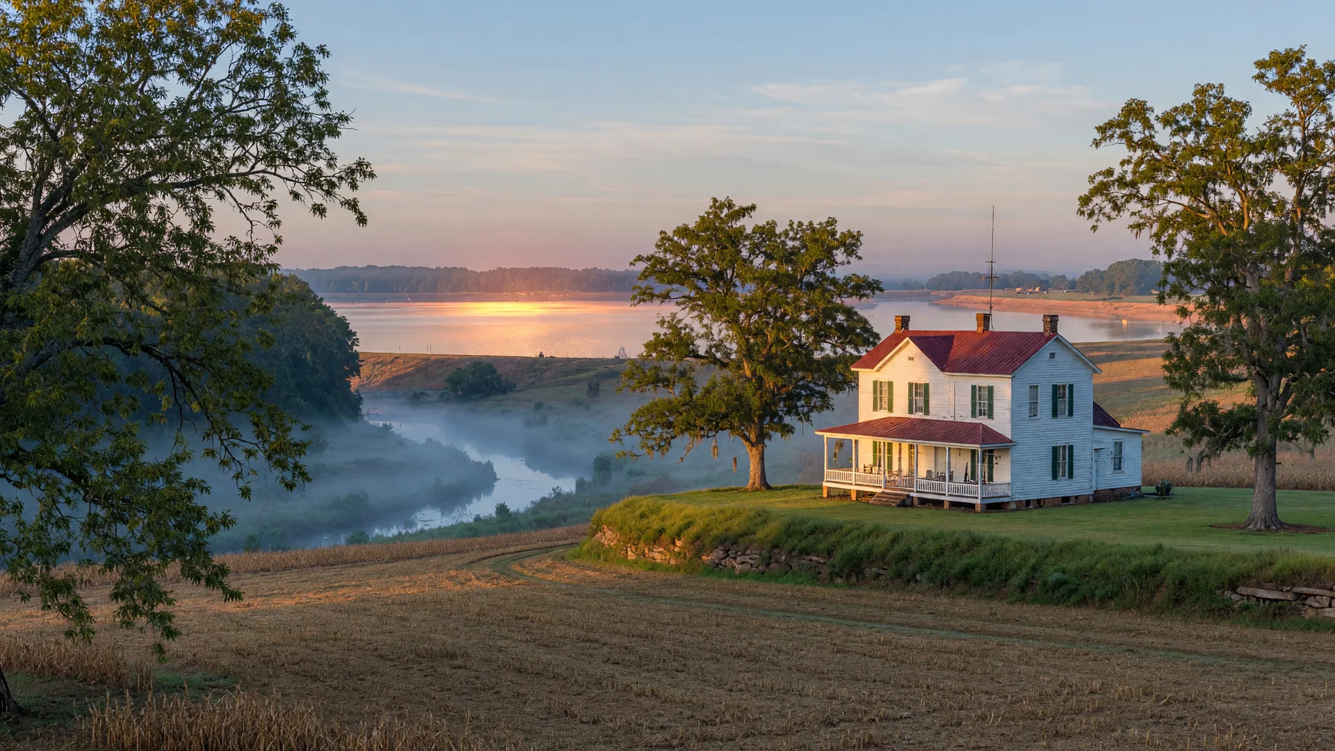 Historic white Southern farmhouse on elevated flat ground in rural Georgia at sunrise, framed by mature pecan trees, with a river valley and a distant reservoir glinting below the high ground