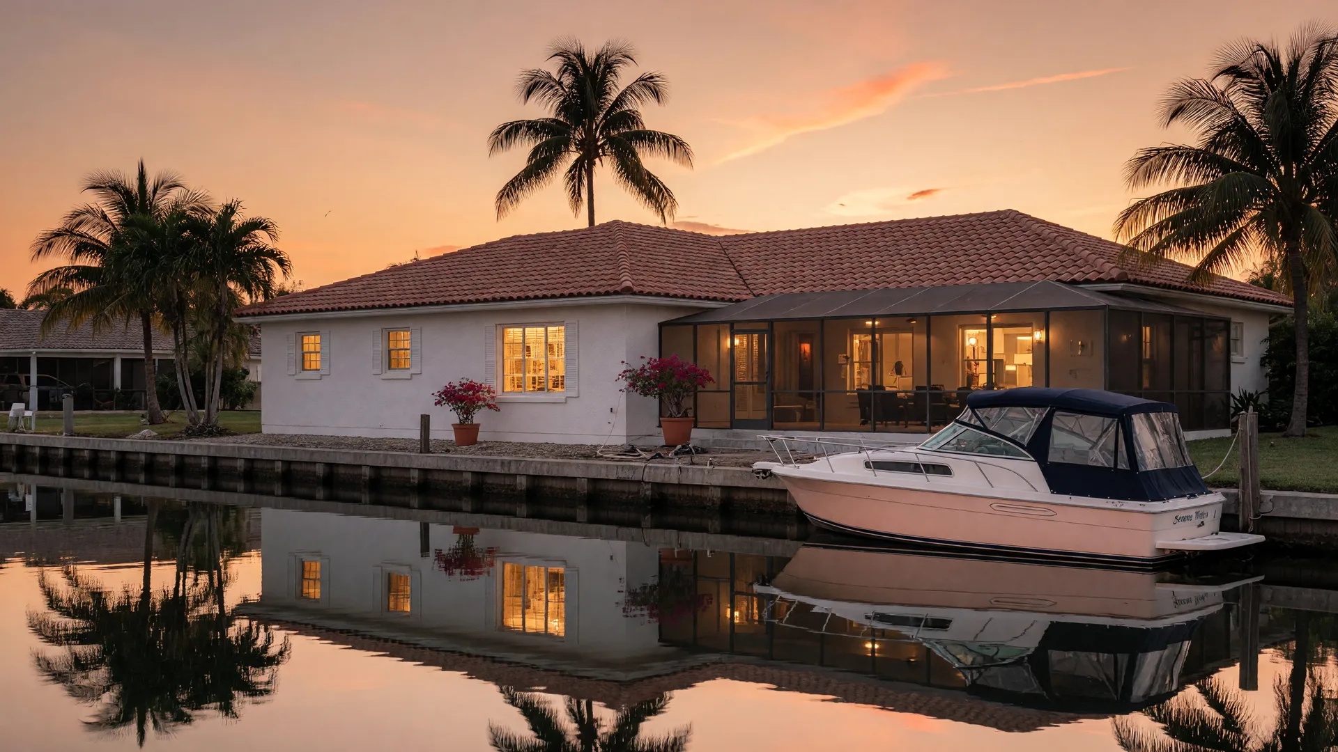 A Mediterranean canal-front Florida home at sunset with a screened lanai, docked white boat along a seawall, and palm trees reflected in calm water