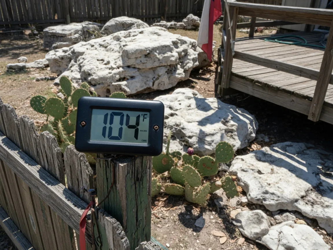 A digital thermometer mounted on a wooden fence post in a Hill Country backyard reads 104 degrees Fahrenheit, with limestone outcropping, prickly pear cactus, and a weathered deck visible in the harsh midday sun