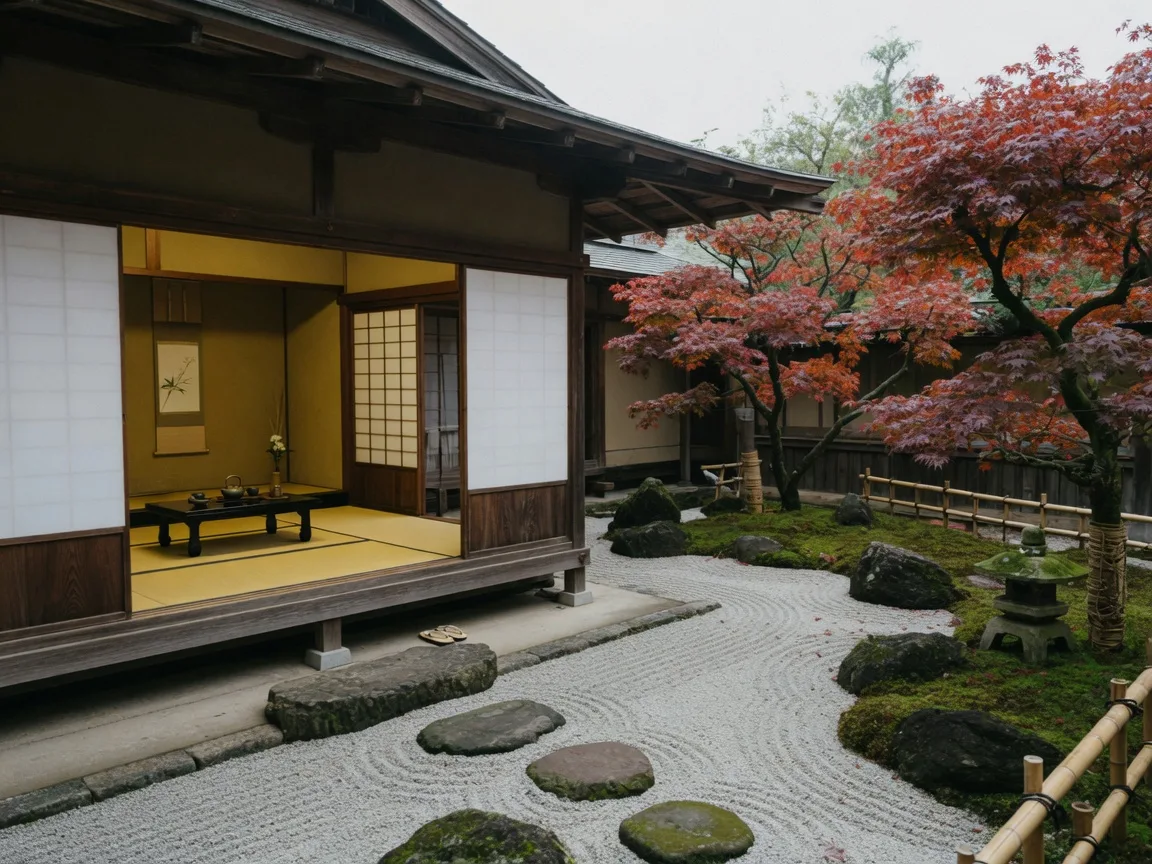 Authentic Japanese tea house with traditional wooden architecture, tatami interior, and zen garden with raked gravel at the Japanese Cultural Center in Saginaw, Michigan