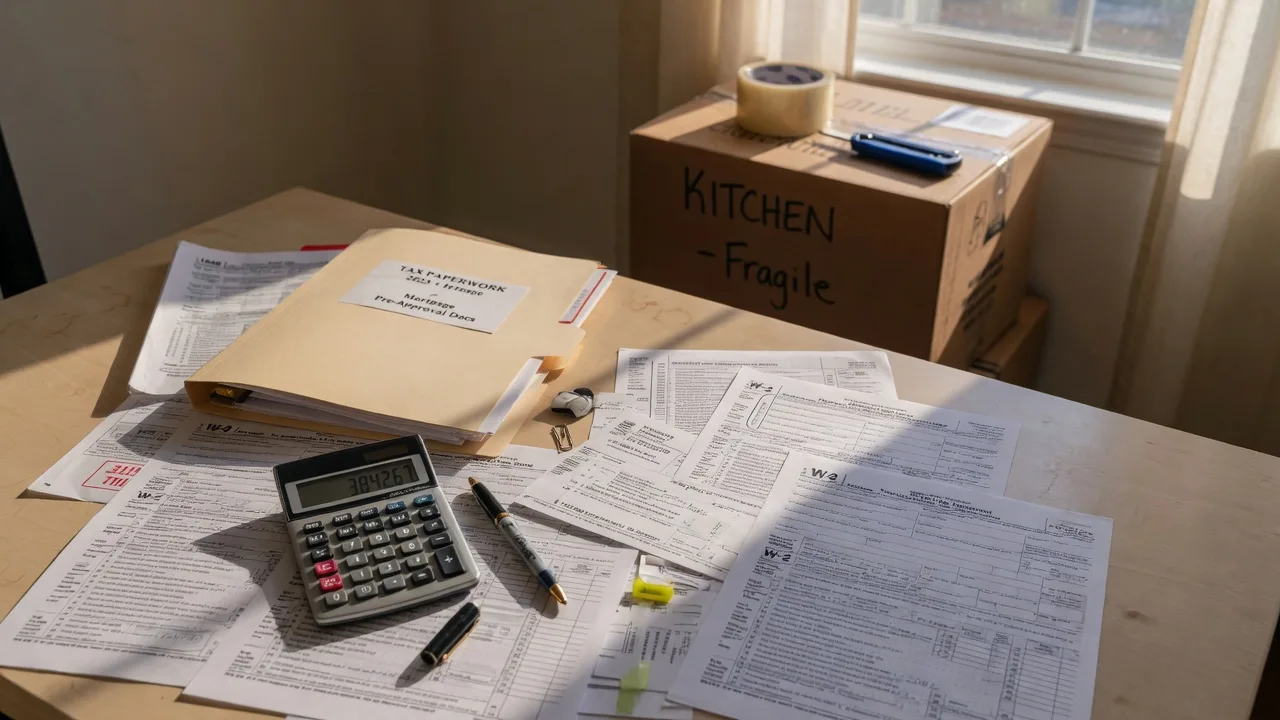 A homebuyer planning desk with fanned-out W-2 forms and pay stubs, a calculator and pen, and a moving box blurred in the background