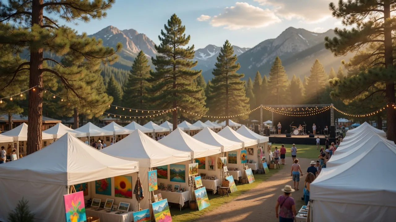 A summer arts festival in a mountain town park with white artist tents, colorful artwork, a distant stage, and ponderosa pines