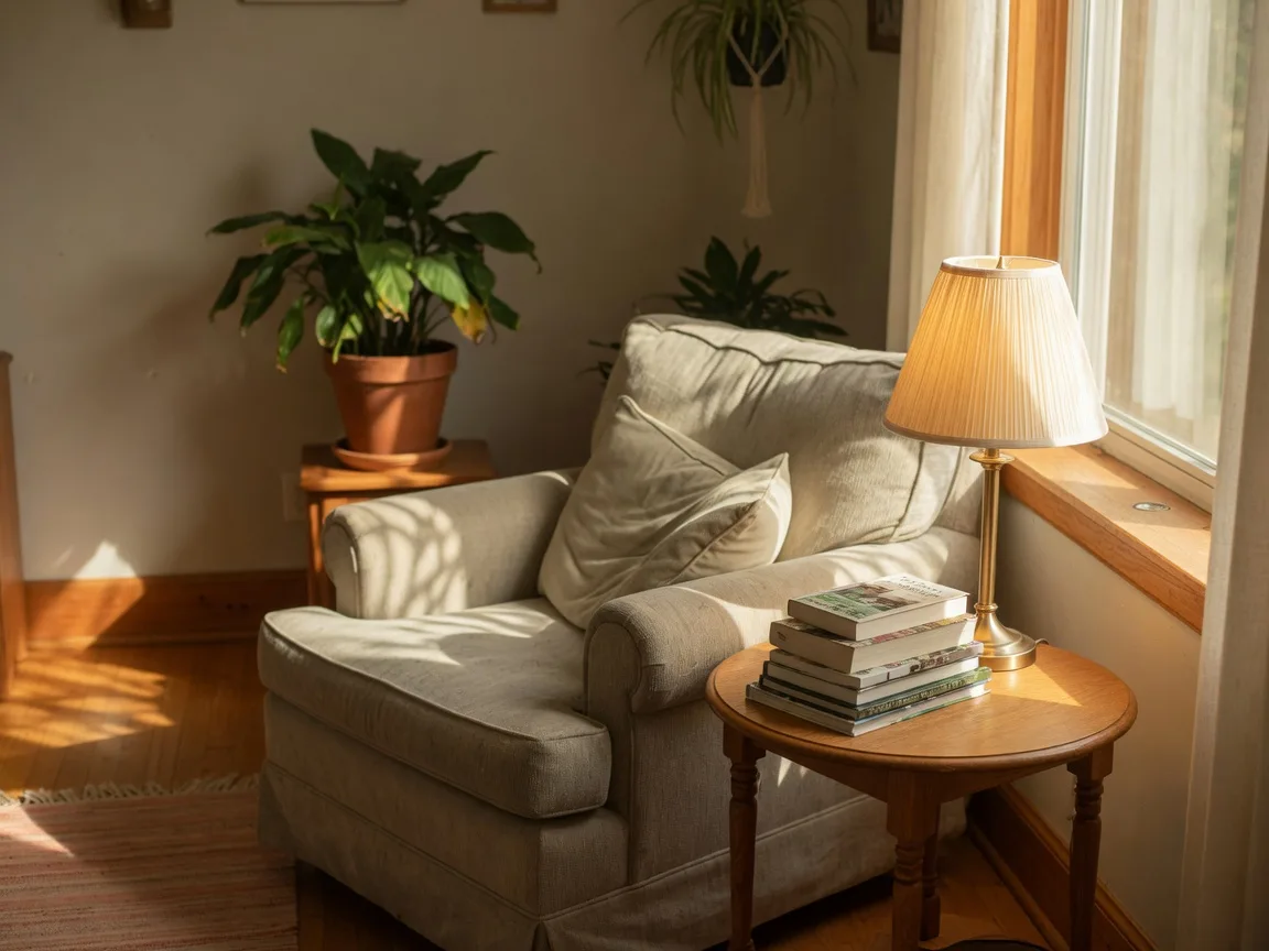 A cozy, downsized living room with a comfortable reading chair by the window