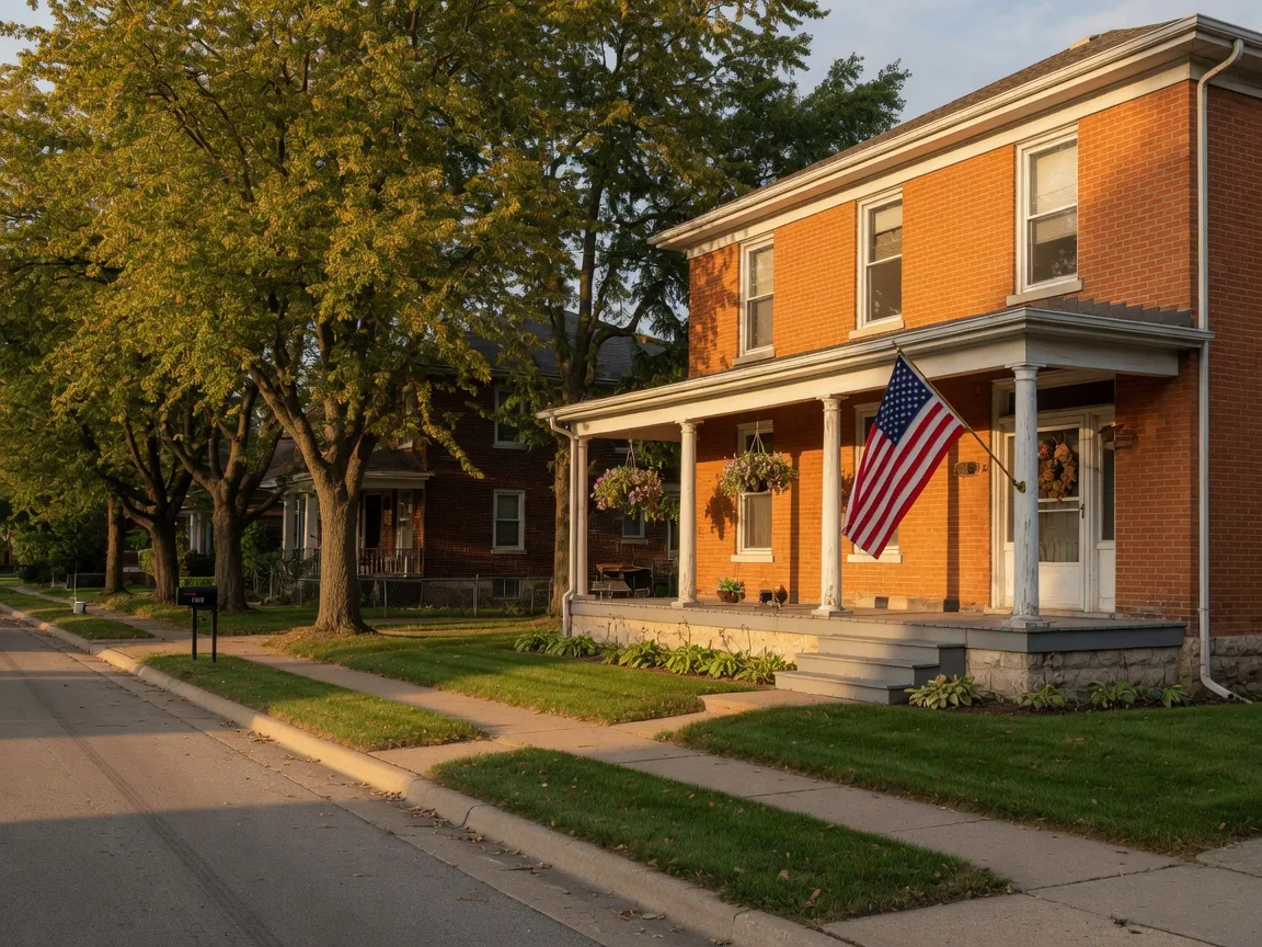 A classic brick home with a columned porch on a tree-lined Peoria street at golden hour