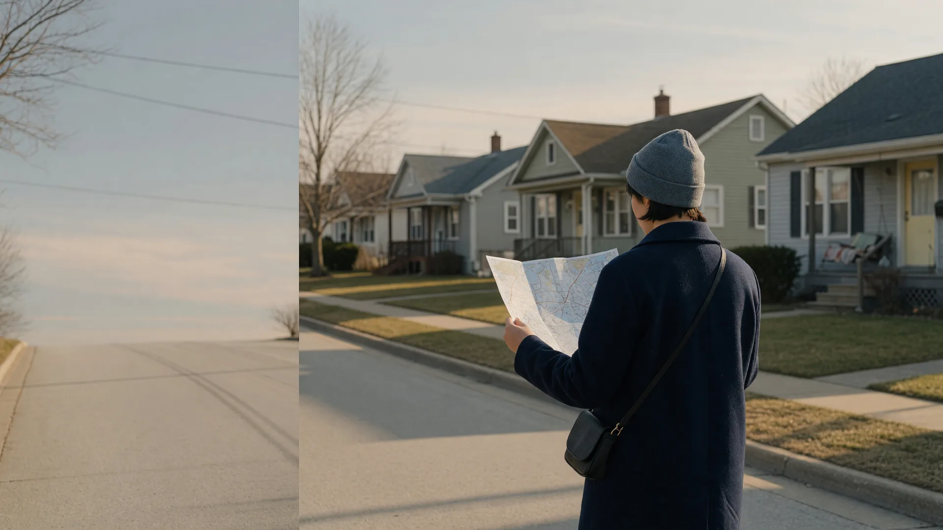 A person holding a map on a quiet suburban street