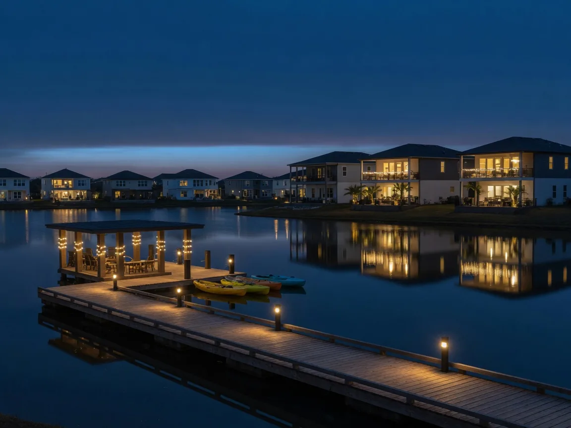 Lighted dock and lakefront homes at dusk in the Towne Lake community of Cypress TX
