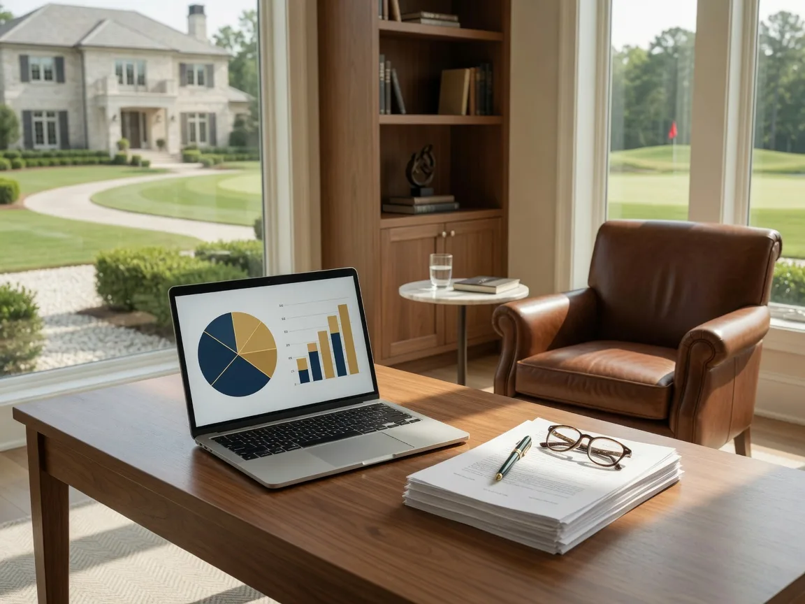 Luxury home office with a laptop showing an equity ownership diagram, legal documents, and a pen on a walnut desk