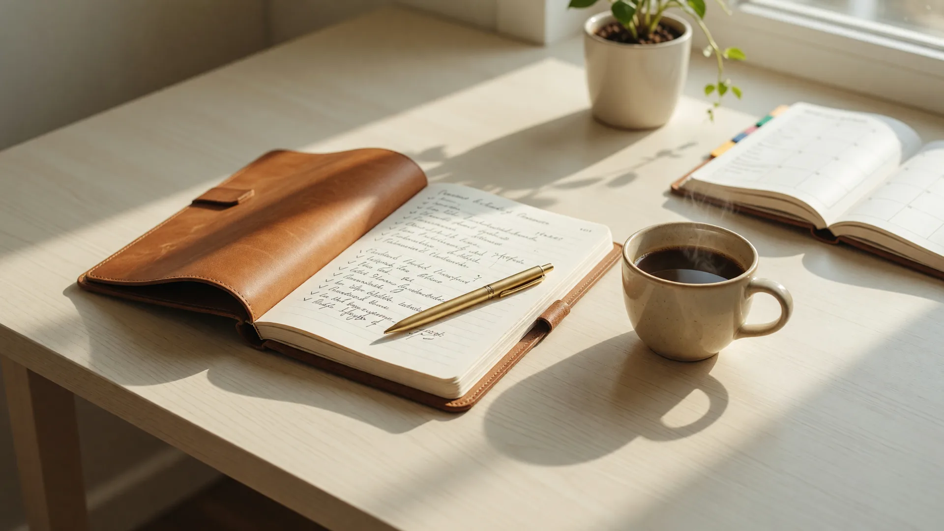 An open leather notebook with a gold pen and a warm cup of coffee on a sunlit ivory desk, symbolizing reflection and intentional planning