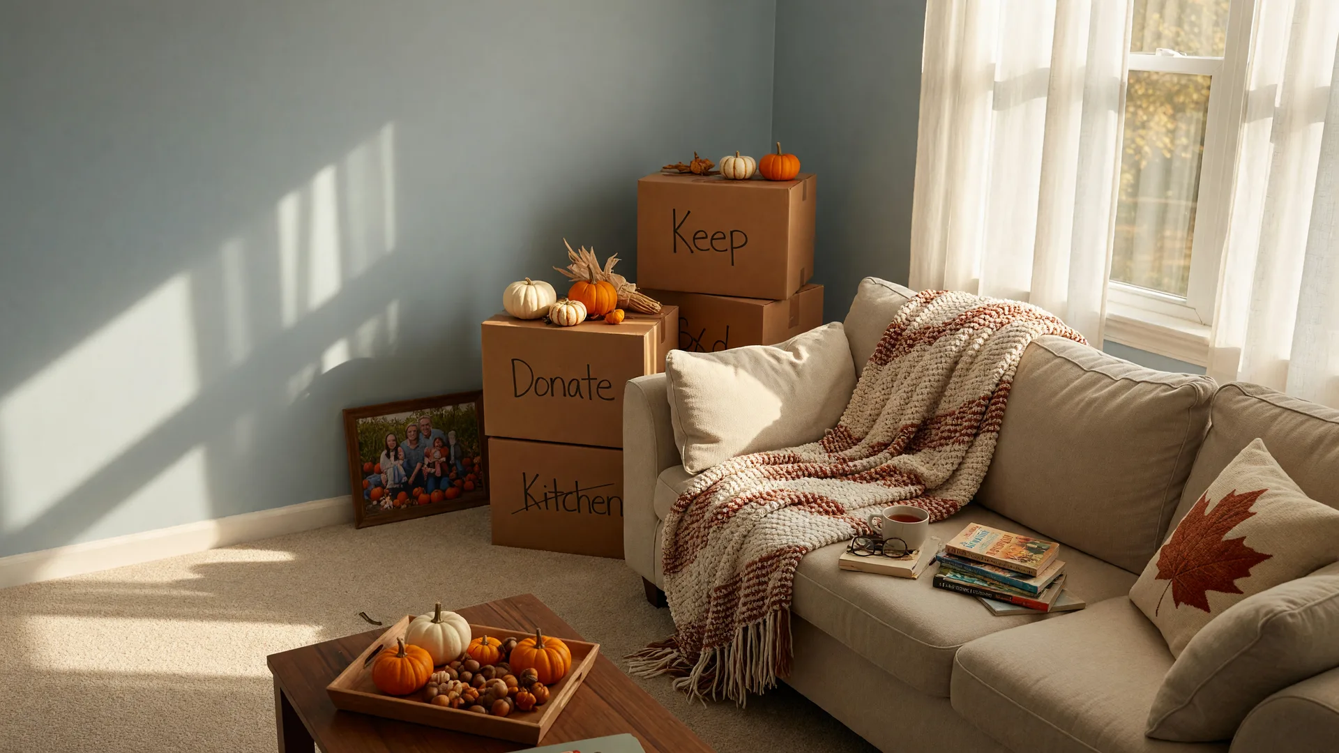 A cozy living room in a Northwest Indiana ranch home in early autumn mid-downsize, with tidy boxes labeled Keep and Donate near a window, a sofa, books, small pumpkins, and golden afternoon light