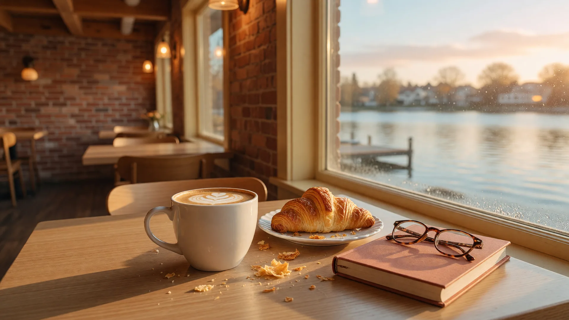 A warm morning coffee scene with a latte and croissant by a sunny café window