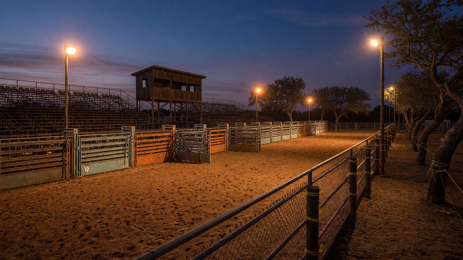 A rural Texas rodeo arena at dusk with bucking chutes, arena lights, and a packed dirt floor, set for a weekend of rodeo