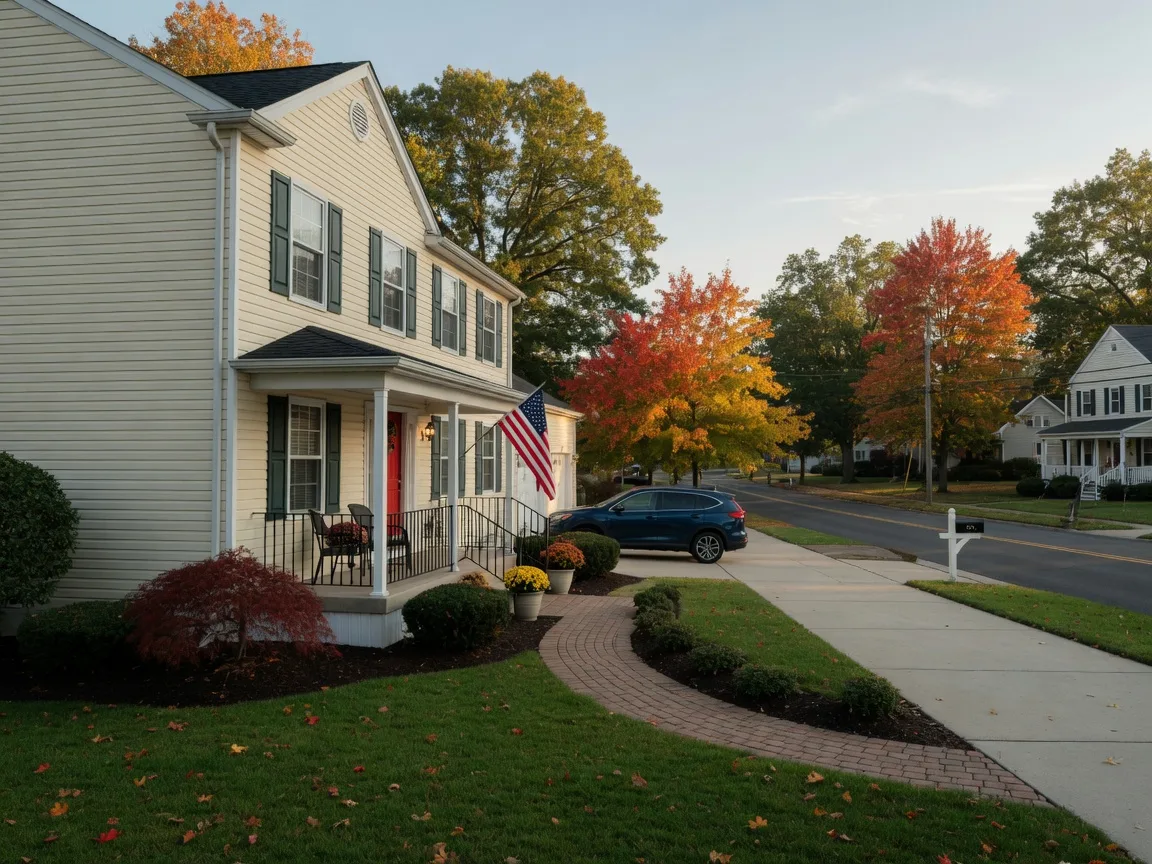 A well-maintained vinyl-sided colonial home in Cinnaminson New Jersey with a small front porch on an autumn morning