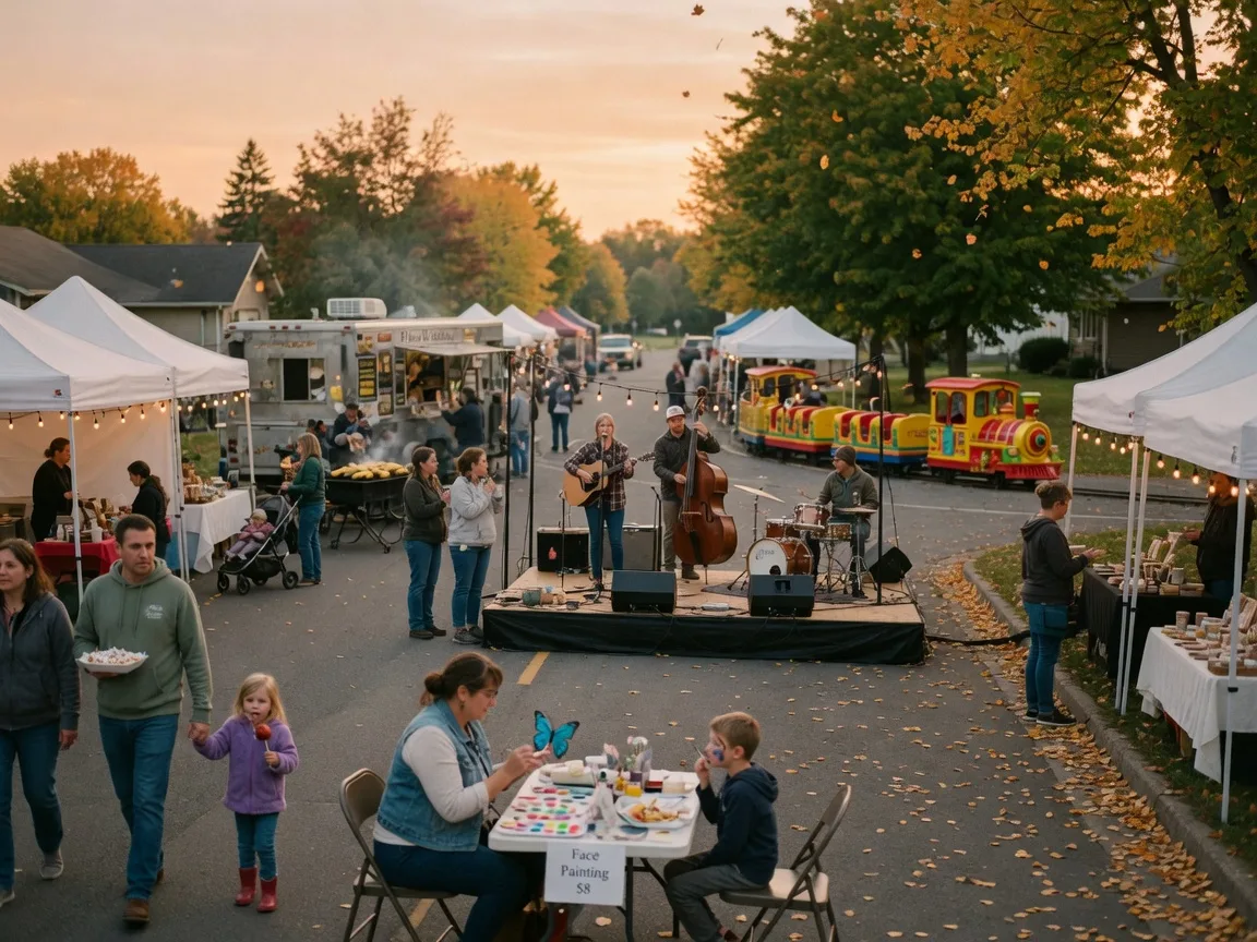 Community festival with vendor tents, food trucks, a live band on stage, families with children strolling and eating festival food, autumn decorations, golden afternoon light
